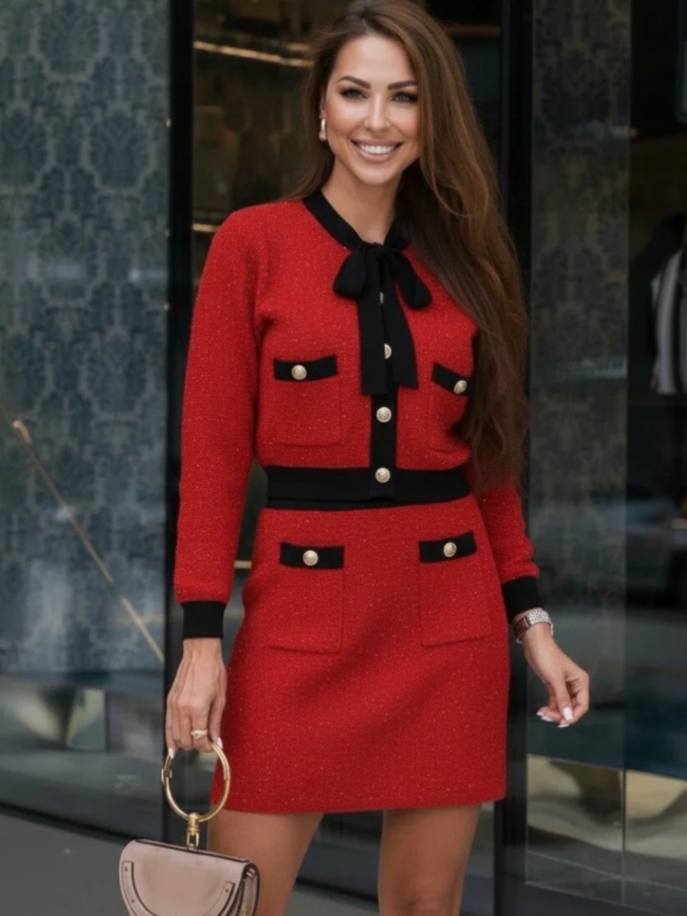 Red Knit Bow Cardigan & Mini Skirt Two Piece Set